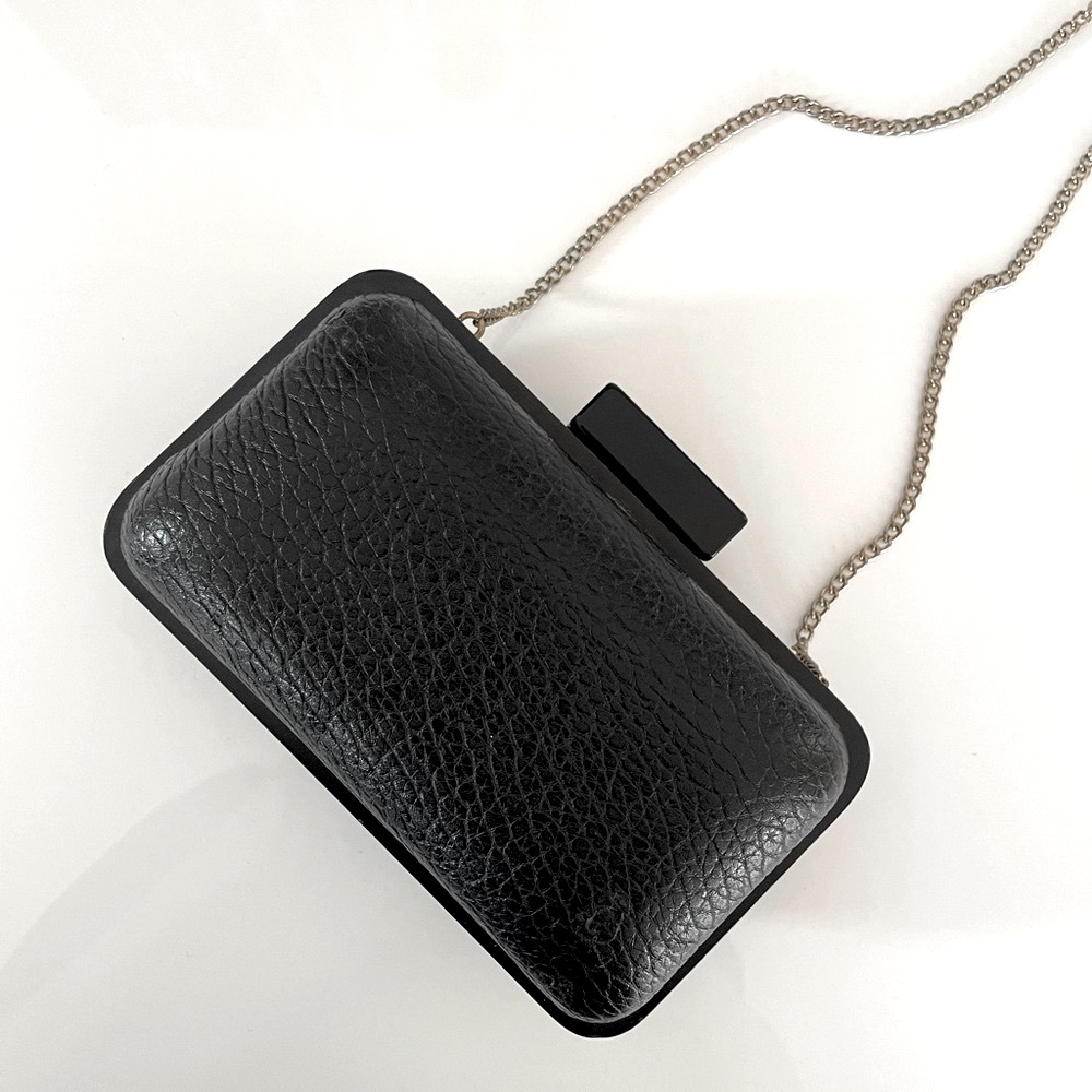 Black pebbled Leather and wooden frame Clutch bag purse evening